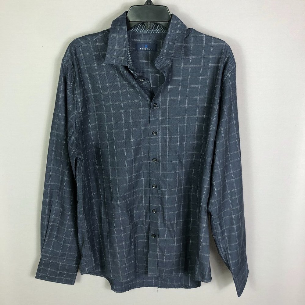 Toscano Men's Navy Blue Squares Design Button Up Long Sleeve Shirt Size …